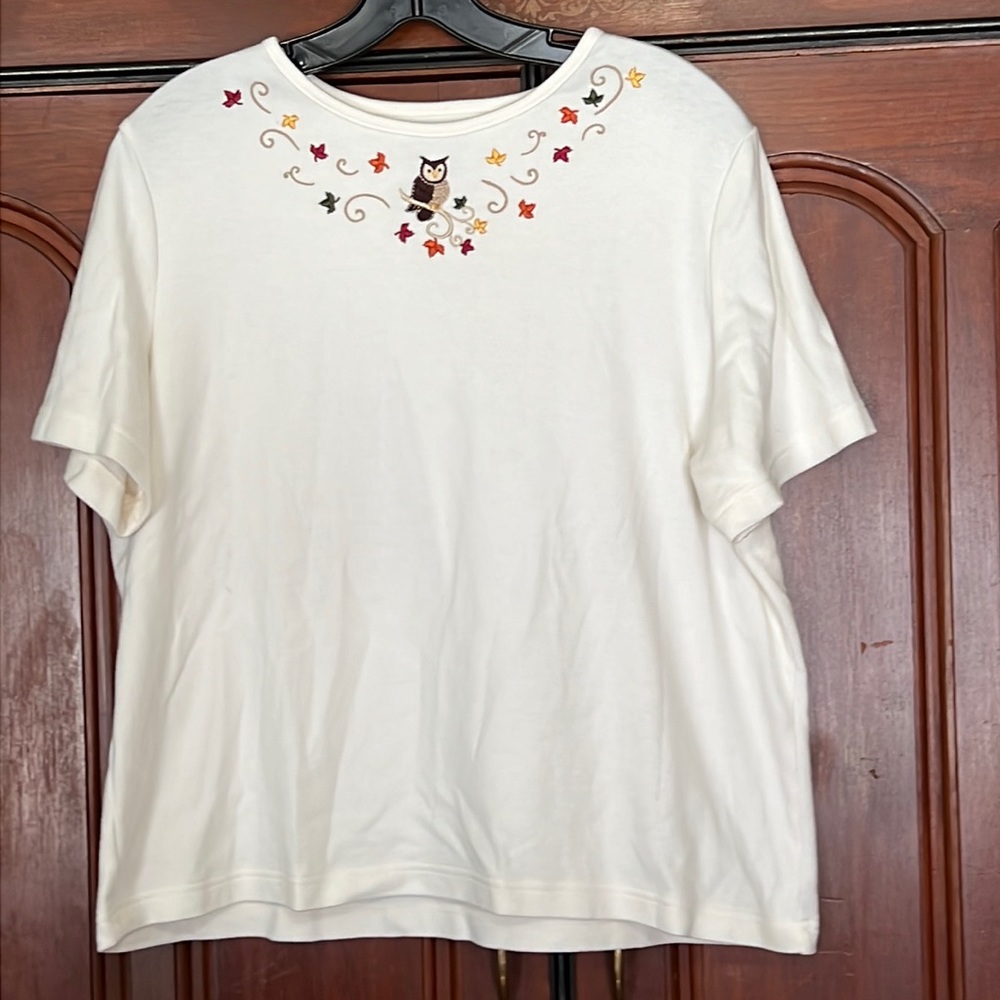 Brekenridge Owl & Leaf Embroidered Short Sleeve Shirt Size Large